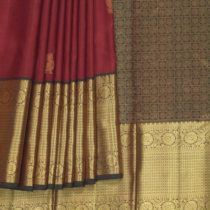 Hayagrivas Handloom Brick Red Kanjivaram Silk Saree with Manthalir Border SSKBF67E8-2