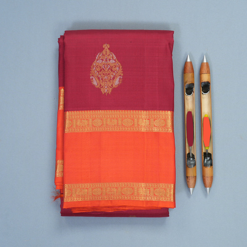 Hayagrivas Handloom Maroon Kanjivaram Silk Saree with Orange Border SSKBF67E8-3