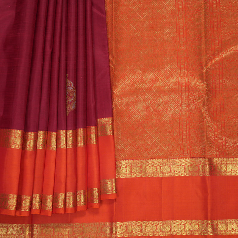 Hayagrivas Handloom Maroon Kanjivaram Silk Saree with Orange Border SSKBF67E8-3
