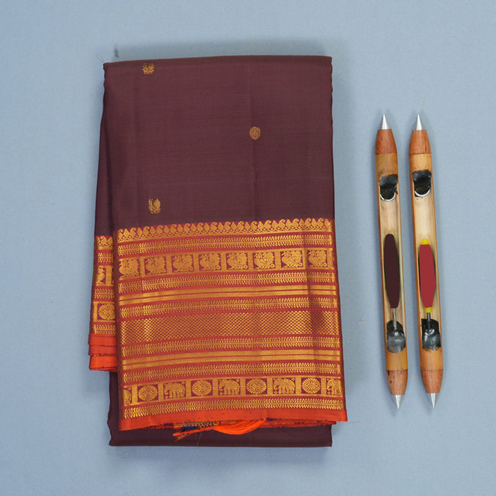 Hayagrivas Handloom Brown Kanjivaram Silk Saree with Rust Orange Border SSKBF67E8-6