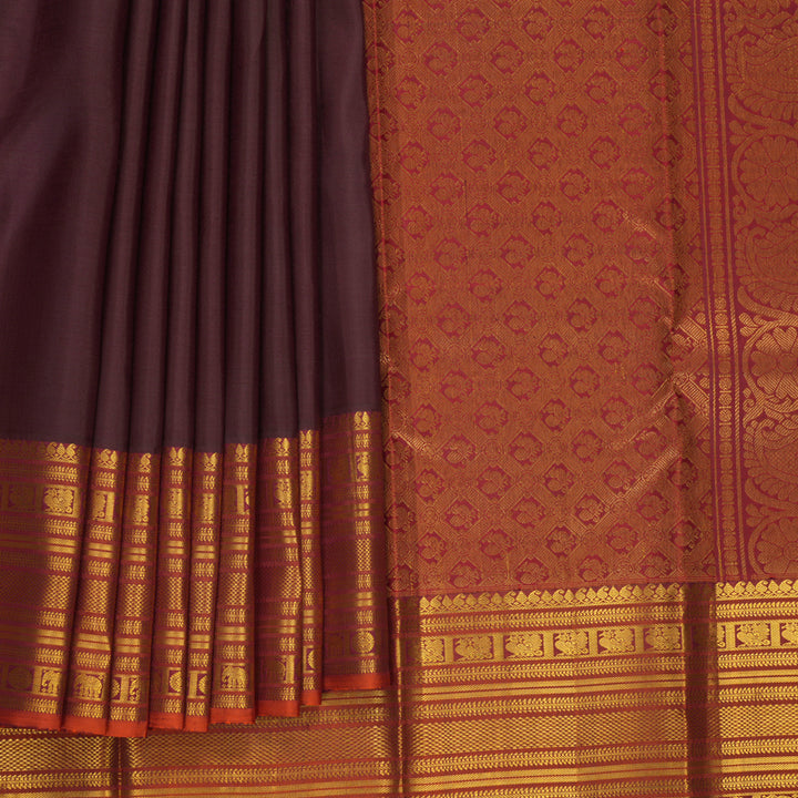 Hayagrivas Handloom Brown Kanjivaram Silk Saree with Rust Orange Border SSKBF67E8-6