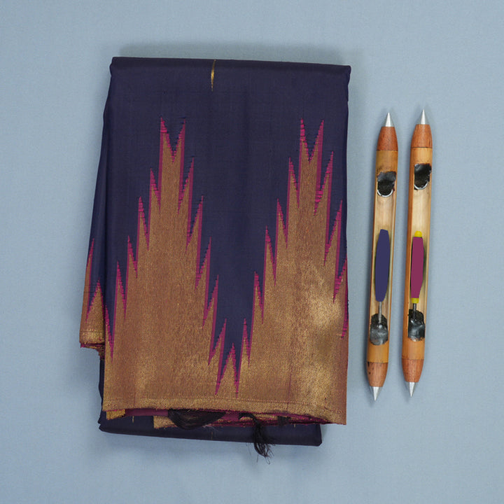 Hayagrivas Handloom Navy Blue Kanjivaram Silk Saree with Temple Border SSKBF90F6-1