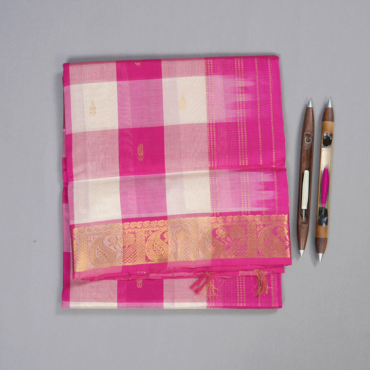 Hayagrivas Handloom Silk Cotton Saree in Charming Pink With White Checks SWBE809C4-1