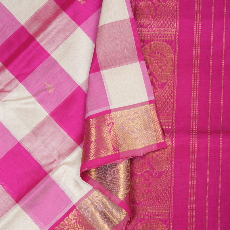 Hayagrivas Handloom Silk Cotton Saree in Charming Pink With White Checks SWBE809C4-1
