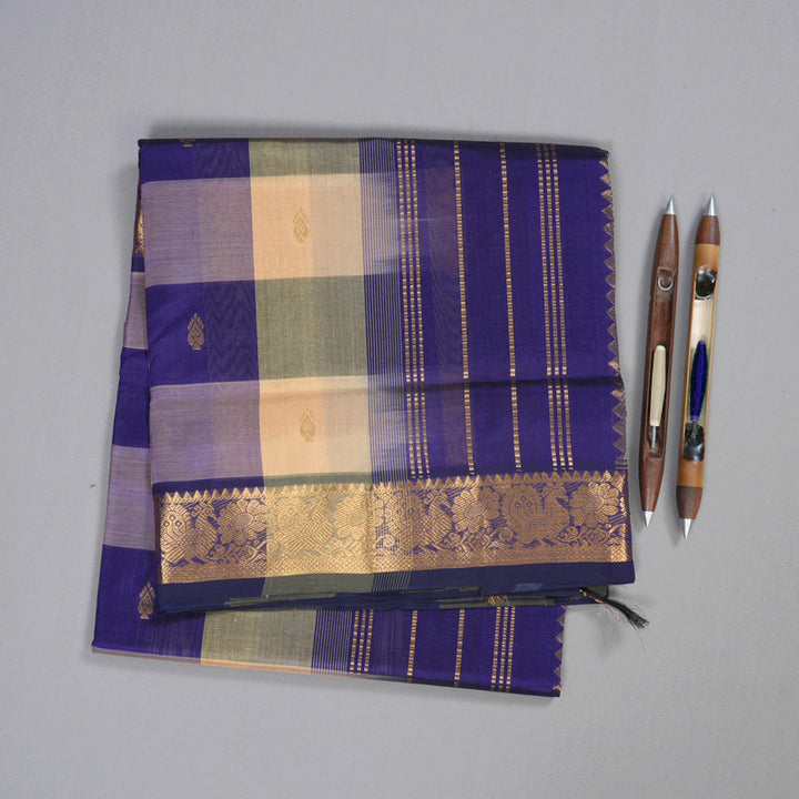Hayagrivas Handloom Silk Cotton Saree in an Extravagant Sandal With Blue Checks SWBE809C4-3