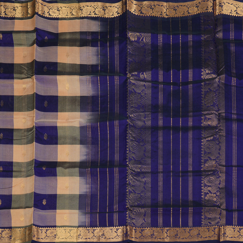 Hayagrivas Handloom Silk Cotton Saree in an Extravagant Sandal With Blue Checks SWBE809C4-3