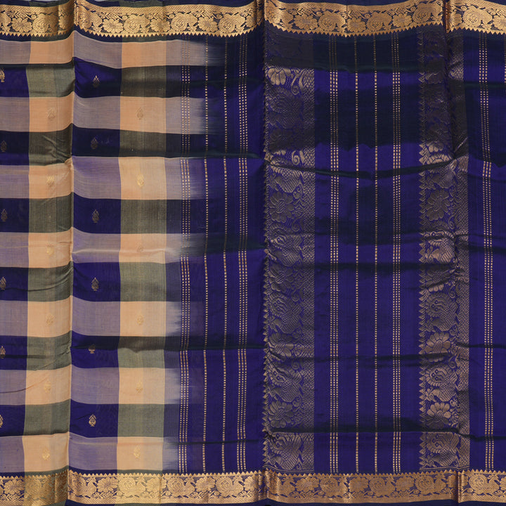 Hayagrivas Handloom Silk Cotton Saree in an Extravagant Sandal With Blue Checks SWBE809C4-3