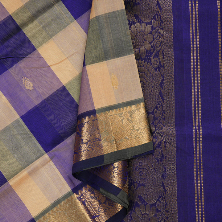 Hayagrivas Handloom Silk Cotton Saree in an Extravagant Sandal With Blue Checks SWBE809C4-3