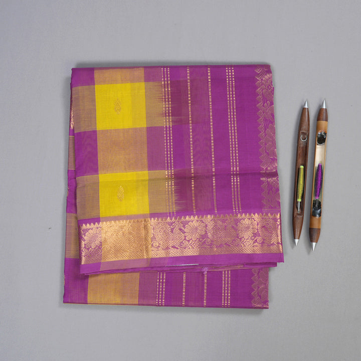 Hayagrivas Handloom Silk Cotton Saree in Captivating Purple With Yellow Checks SWBE809C4-4