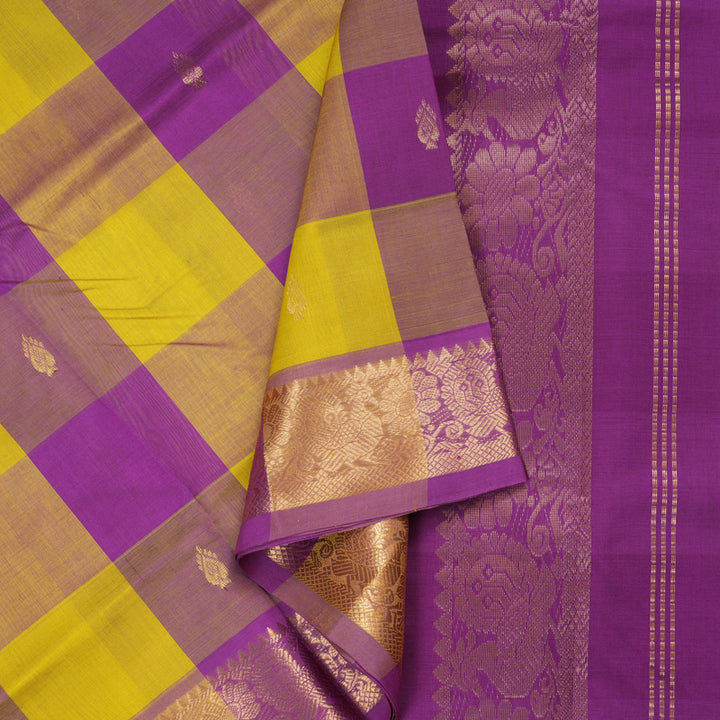 Hayagrivas Handloom Silk Cotton Saree in Captivating Purple With Yellow Checks SWBE809C4-4