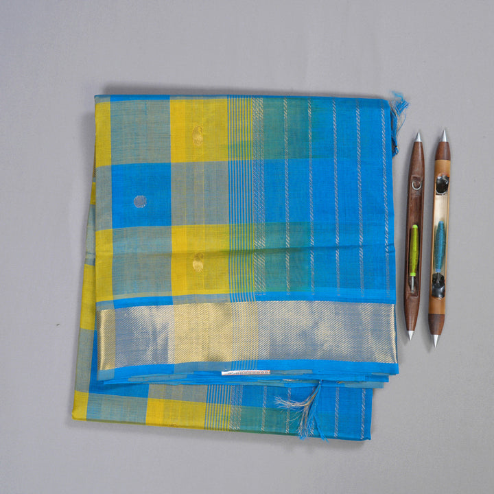 Hayagrivas Handloom Silk Cotton Saree in Decadent Sky Blue With Yellow Checks SWBE809C4-5
