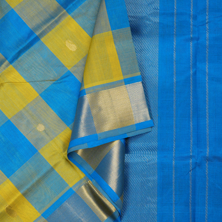Hayagrivas Handloom Silk Cotton Saree in Decadent Sky Blue With Yellow Checks SWBE809C4-5