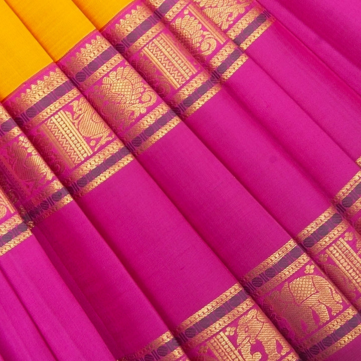 Hayagrivas Handloom Manjal Kanjivaram Silk Saree with Magenta-Pink Border KBF247E9-1