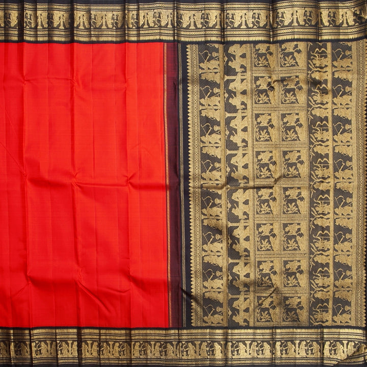 Hayagrivas Handloom Red Kanjivaram Silk Saree with Black Border KBF230E14-1