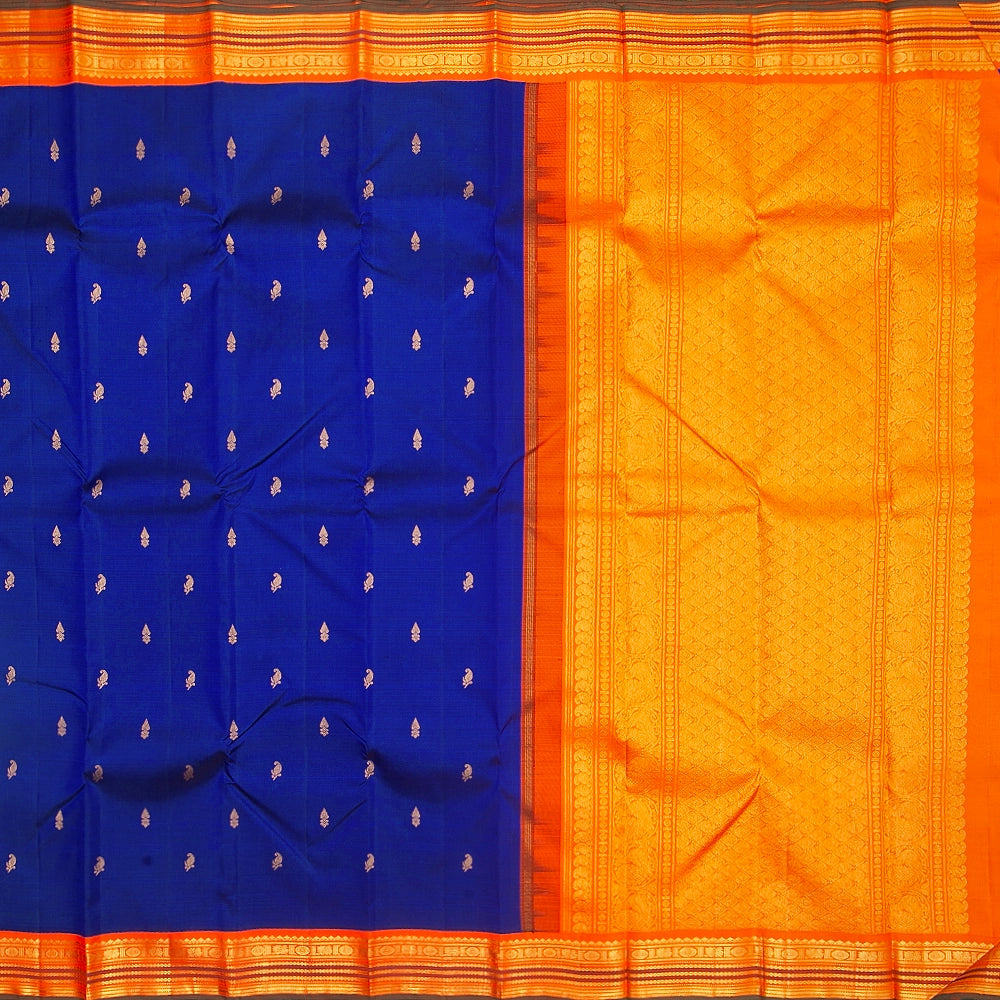 Hayagrivas Handloom MS Blue Kanjivaram Silk Saree with Orange Border KBF356f10-2
