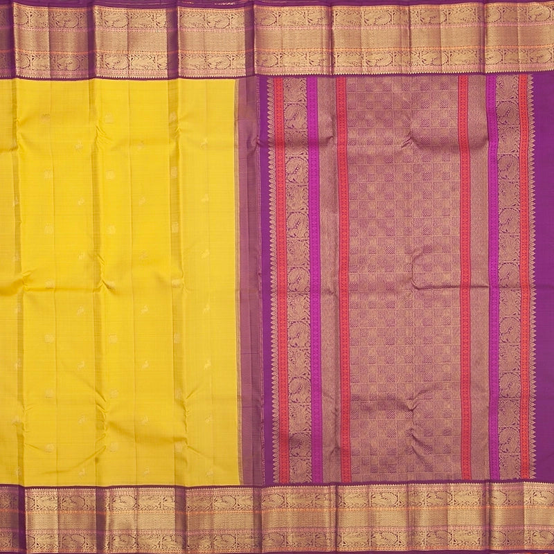 Hayagrivas Handloom Sampanga Yellow Kanjivaram Silk Saree with Purple Border KBF392F1-1