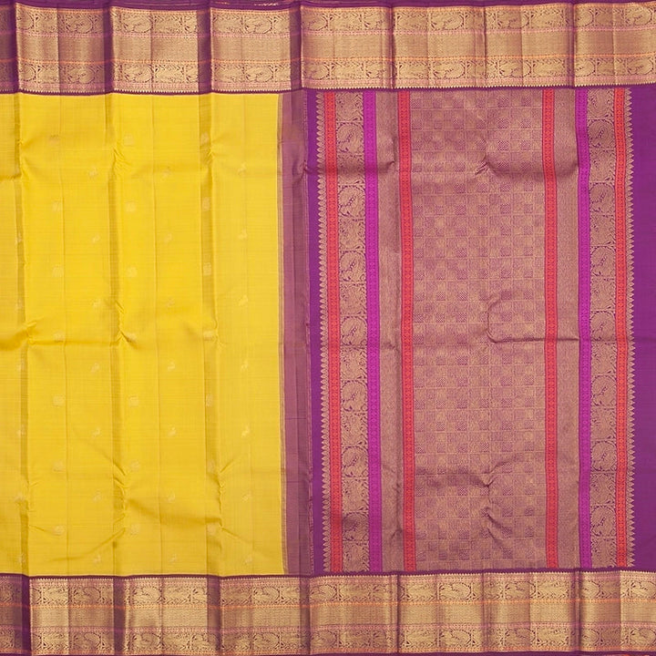 Hayagrivas Handloom Sampanga Yellow Kanjivaram Silk Saree with Purple Border KBF392F1-1