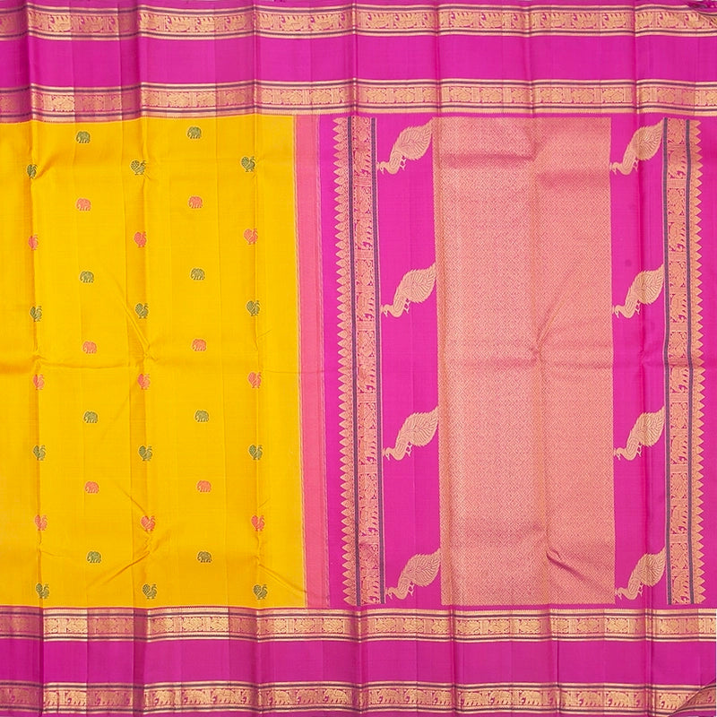 Hayagrivas Handloom Manjal Kanjivaram Silk Saree with Magenta-Pink Border KBF247E9-1