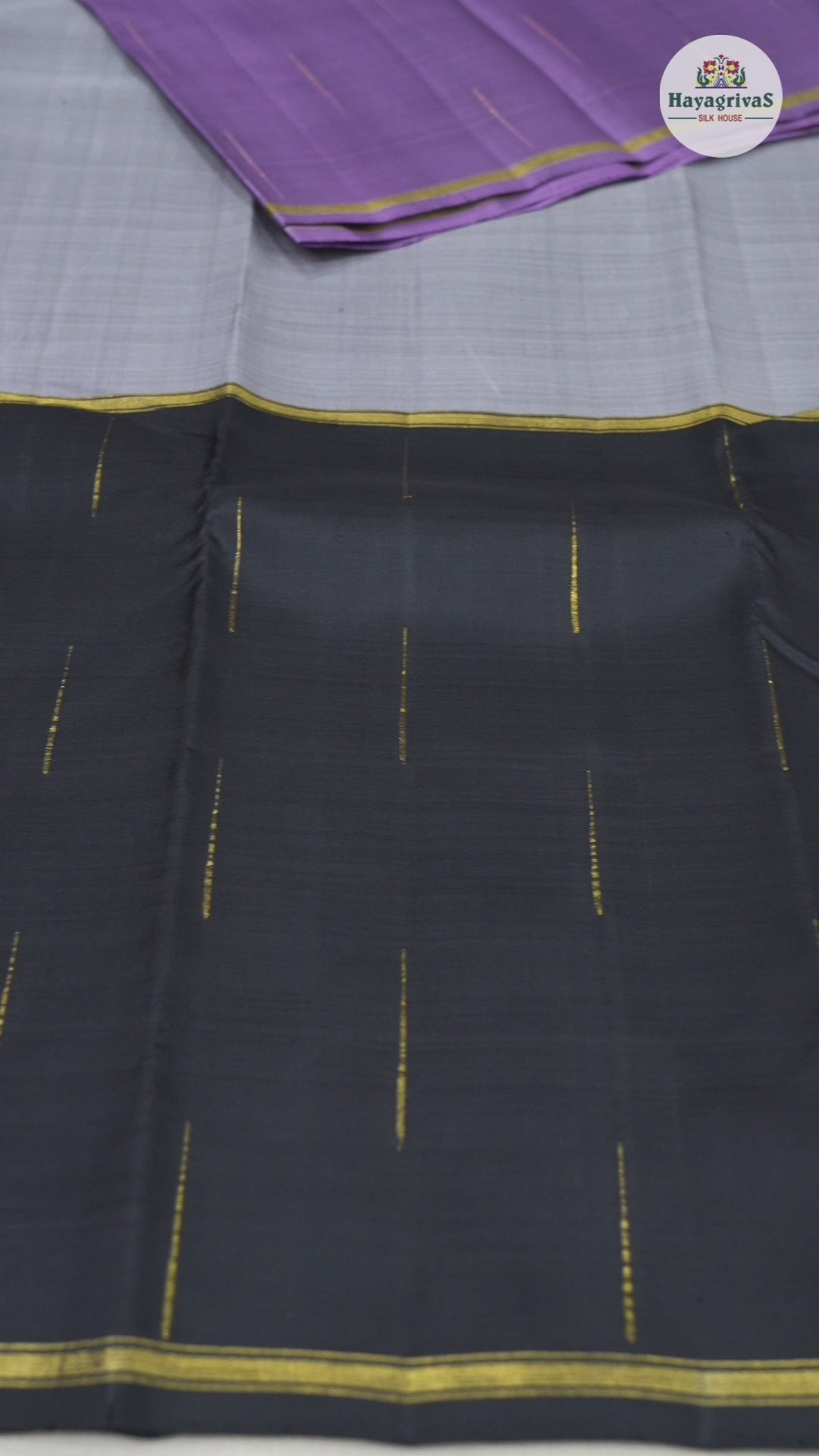 Hayagrivas Mubagam (Black,Ash Grey And Dark Lilac) Handloom Kanjivaram Silk Saree with Black Border-BBD1472L4-1