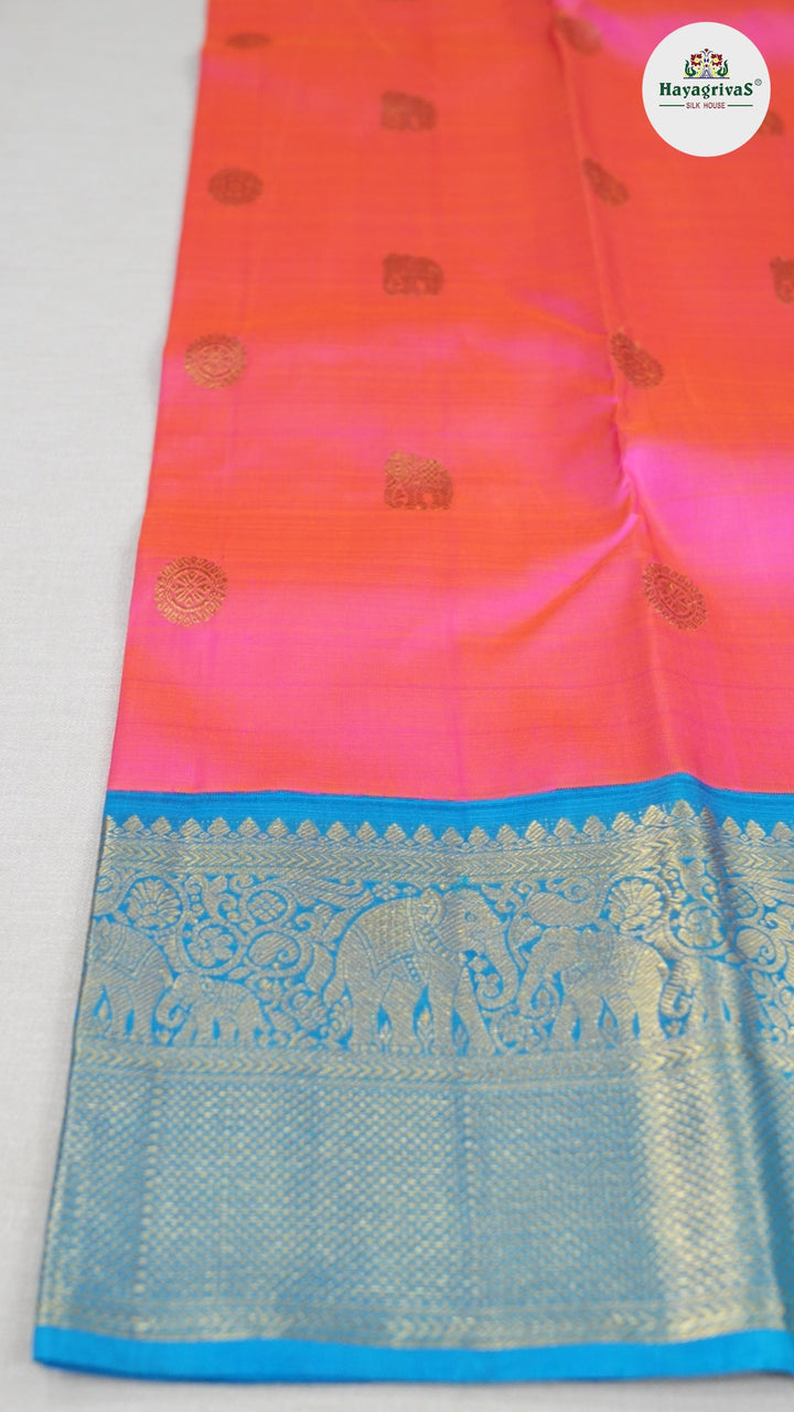 Hayagrivas Orangish Pink Handloom Kanjivaram Silk Saree with Sky Blue Border BBD1442L5-1