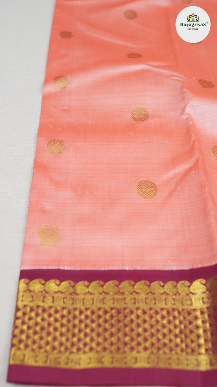 Hayagrivas Peach Orange Handloom Kanjivaram Silk Saree with Maroon Border BBD1440L5-2