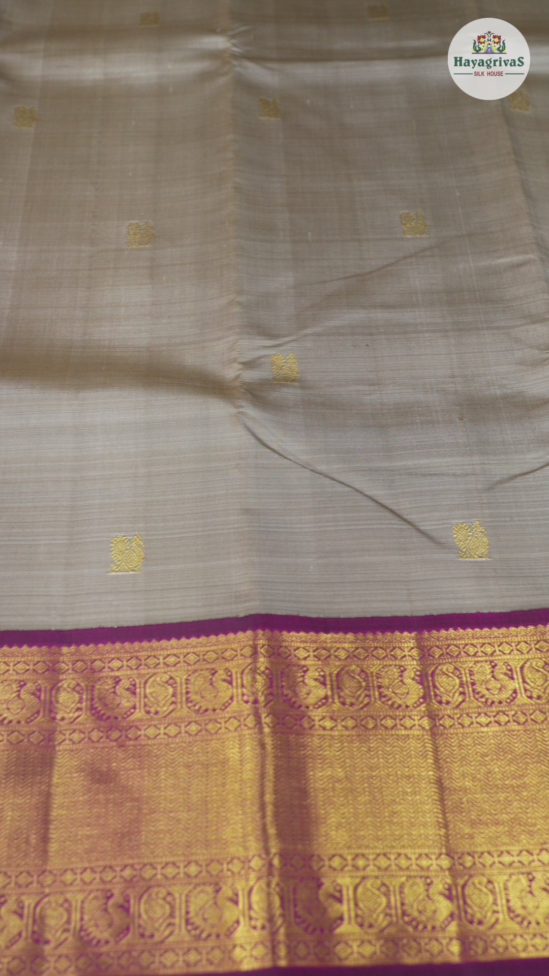 Hayagrivas Beige Handloom Kanjivaram Silk Saree with Purple Border KBD1946B9-2