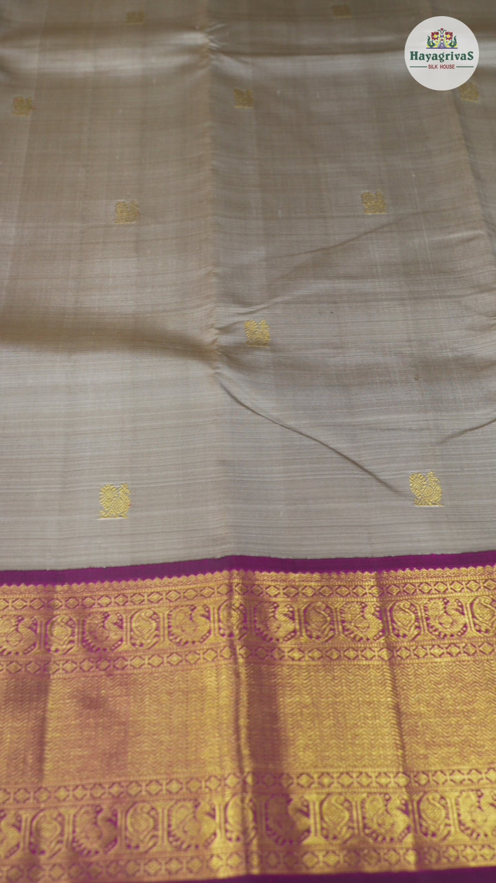 Hayagrivas Beige Handloom Kanjivaram Silk Saree with Purple Border KBD1946B9-2