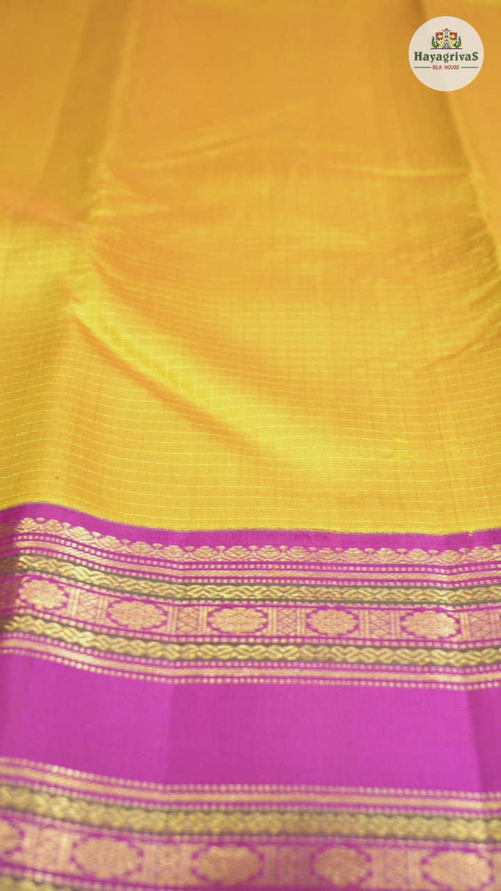 Hayagrivas Mustard Yellow Handloom Kanjivaram Silk Saree with Pink Border KBD1581A1-2