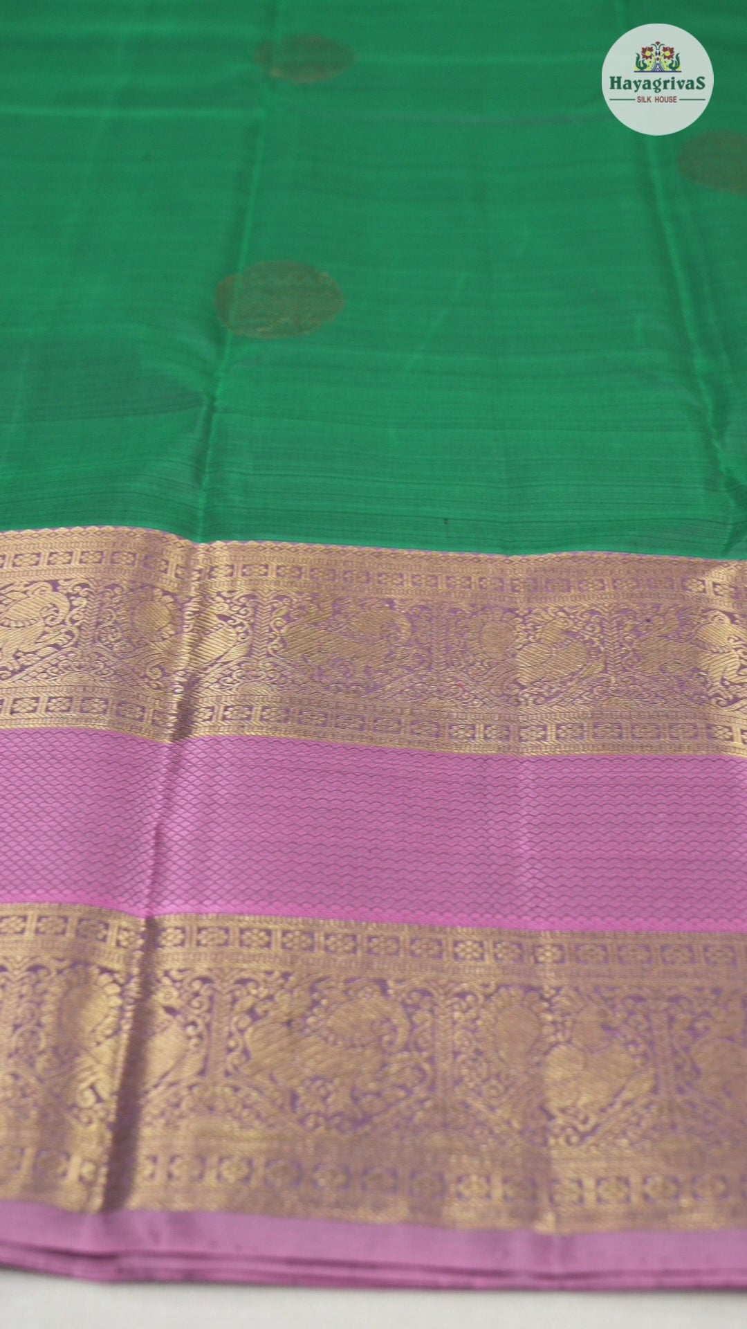 Hayagrivas Gorgeous Bottle Green Handloom Kanjivaram Silk Saree with Rosewood Pink Border KBD1548A8-1