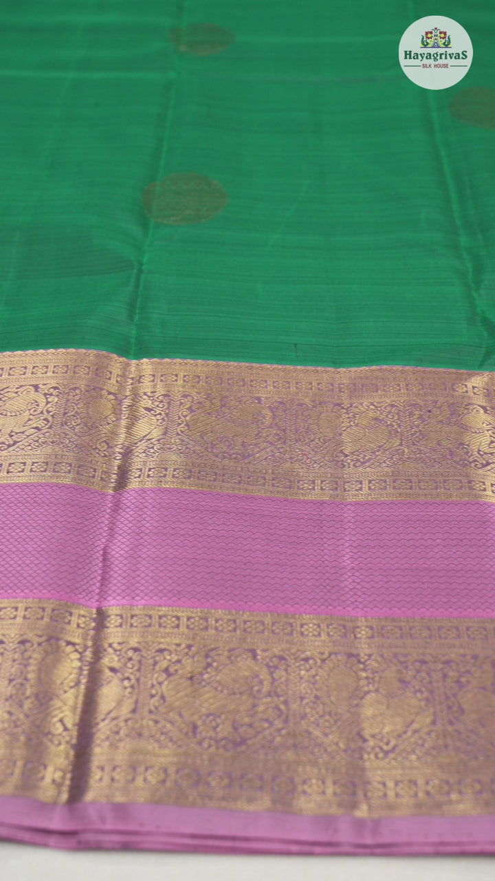 Hayagrivas Gorgeous Bottle Green Handloom Kanjivaram Silk Saree with Rosewood Pink Border KBD1548A8-1