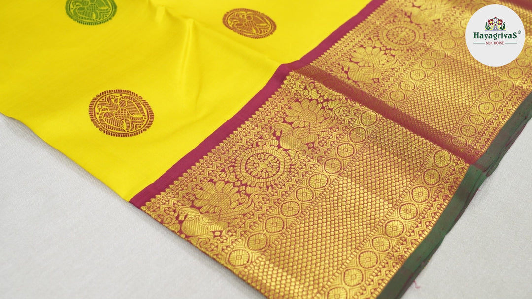 Hayagrivas Lemon Yellow Handloom Kanjivaram Silk Saree with Maroon Border BBD597G1-3