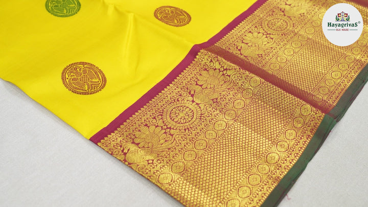 Hayagrivas Lemon Yellow Handloom Kanjivaram Silk Saree with Maroon Border BBD597G1-3