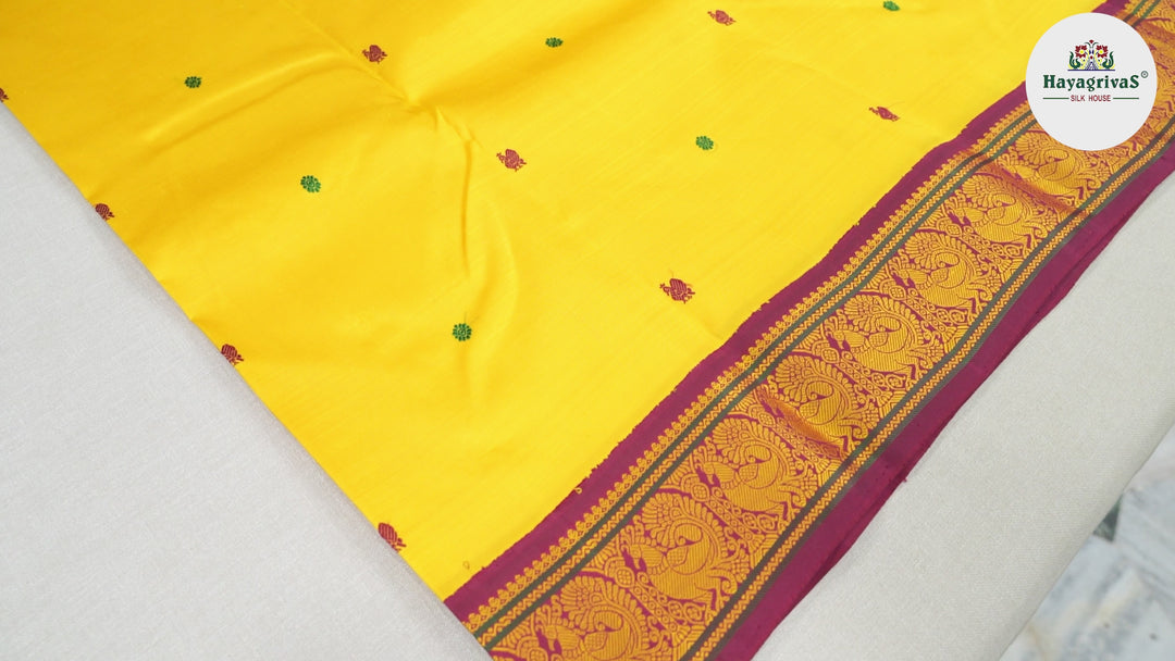 Hayagrivas Yellow Handloom Kanjivaram Silk Saree with Maroon Border BBD1142K6-1