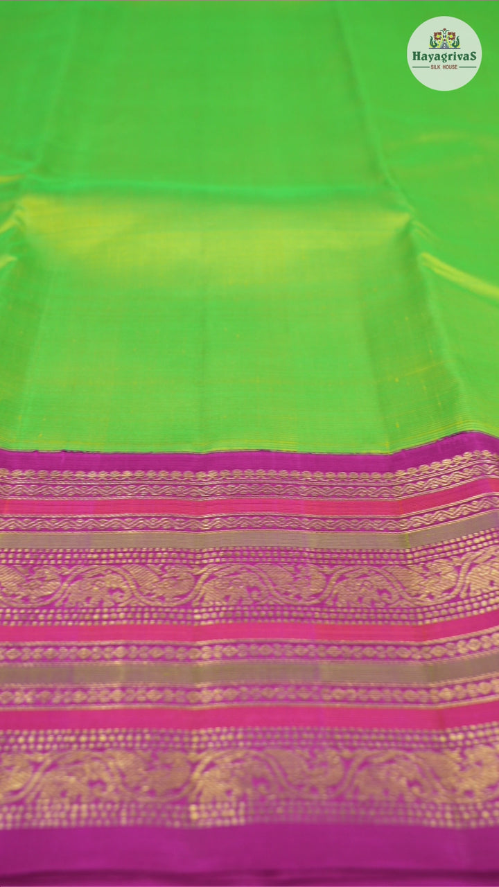 Hayagrivas Fluorescent Green Handloom Kanjivaram Silk Saree with Pink Border KBD1834B4-1