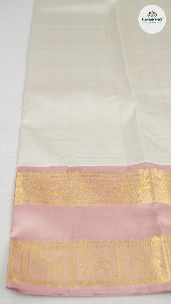 Hayagrivas Half White Handloom Kanjivaram Silk Saree with Peah Pink Border BBD1469L1-1