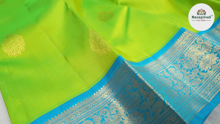 Hayagrivas Fluorescent Green Handloom Kanjivaram Silk Saree with Sky Blue Border BBD1236K1-3