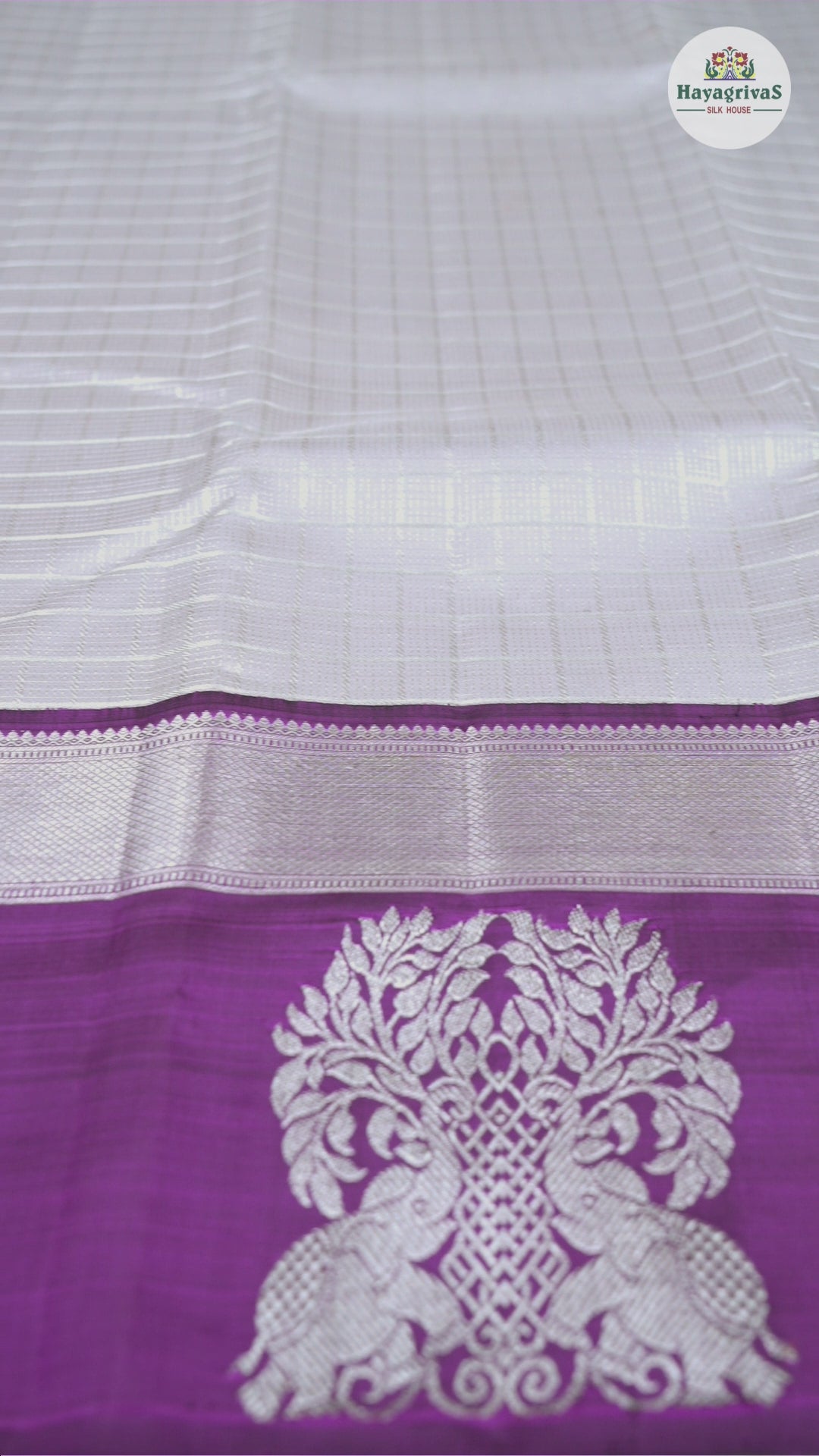 Hayagrivas Silver Grey Handloom Kanjivaram Silk Saree with Purple Border KBD1837B8-1