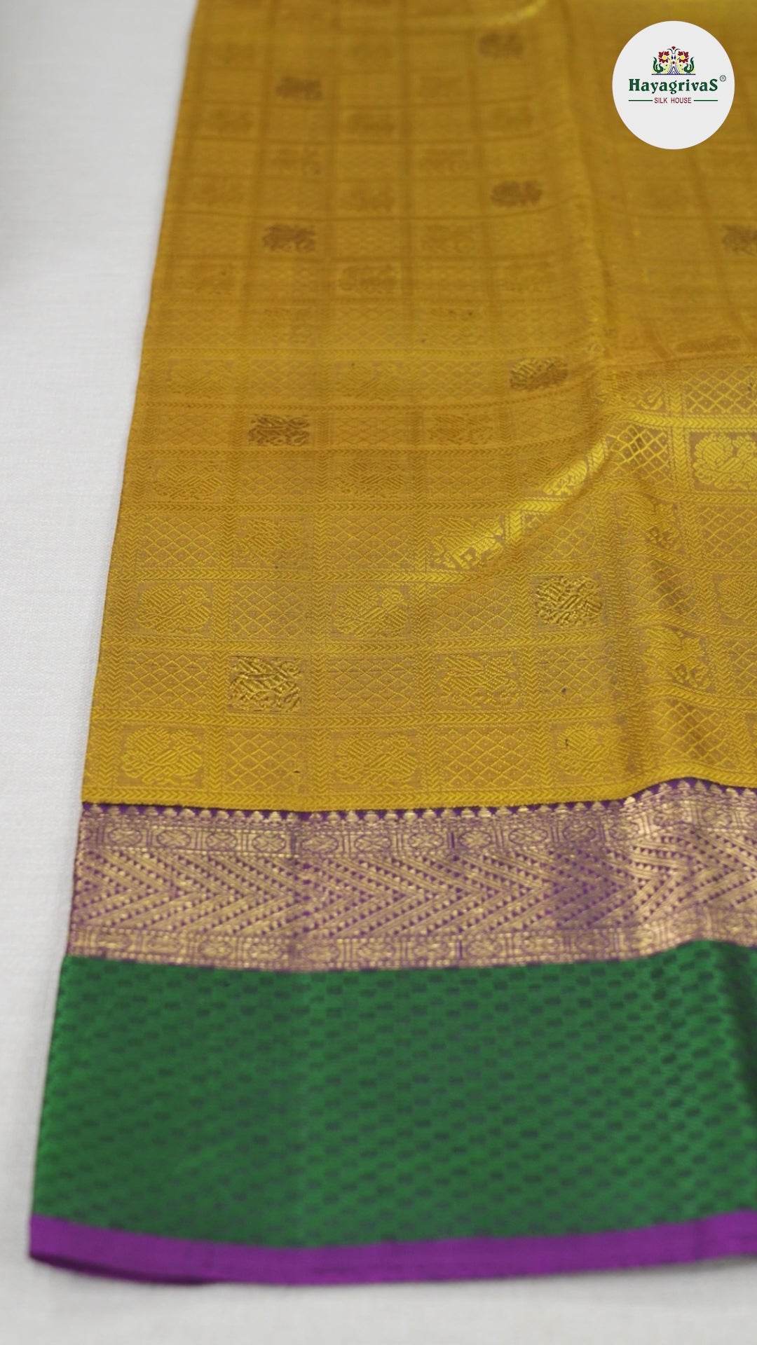 Hayagrivas Sampanga Yellow Handloom Kanjivaram Silk Saree with Purple And Green Border BBD1498L5-1