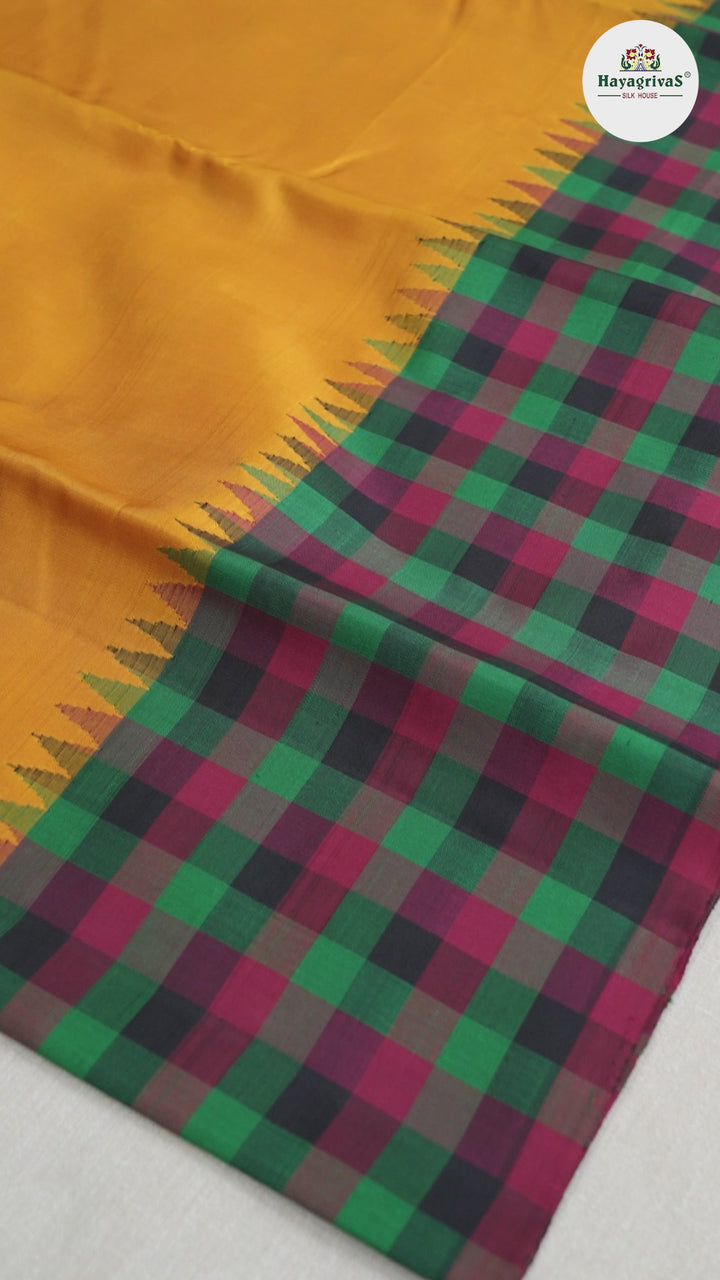 Hayagrivas Mustard Yellow Handloom Kanjivaram Silk Saree with Multi Color Checks Border BBD256E1-1