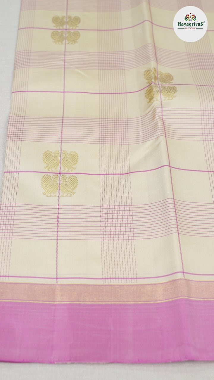 Hayagrivas Sandal Beige Handloom Kanjivaram Silk Saree with Rose Pink Border KBD1503L2-1