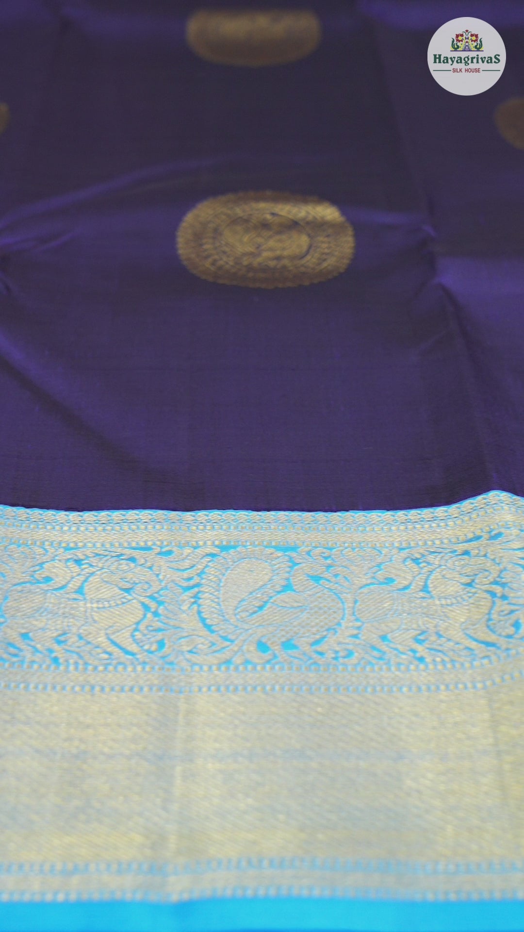 Hayagrivas Dark Blue Handloom Kanjivaram Silk Saree with Sky Blue Border KBD1576A1-1