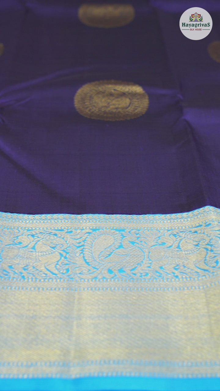 Hayagrivas Dark Blue Handloom Kanjivaram Silk Saree with Sky Blue Border KBD1576A1-1