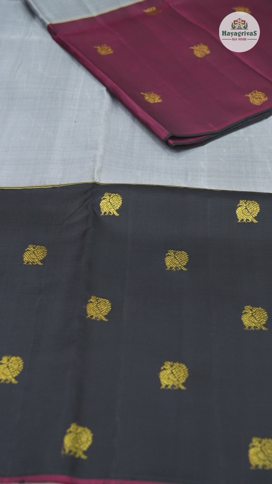 Hayagrivas Mubagam (Maroon,Grey And Black) Handloom Kanjivaram Silk Saree with Black Border BBD42D2-1