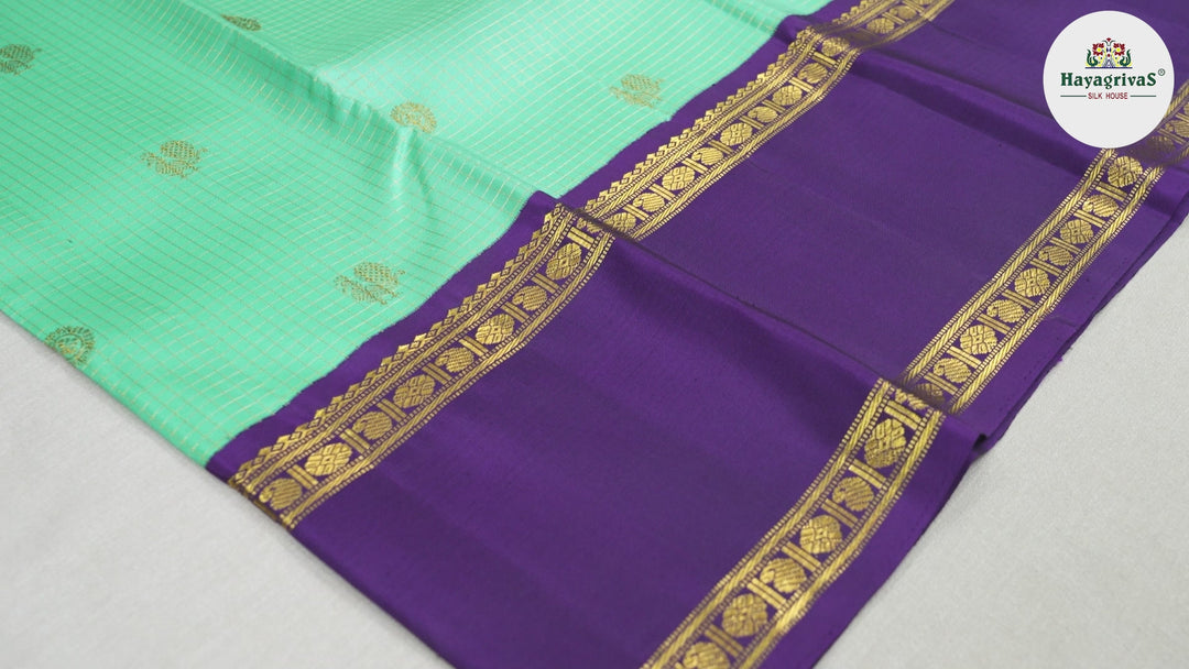 Hayagrivas Sea Blue Handloom Kanjivaram Silk Saree with Purple Border BBD234E2-2