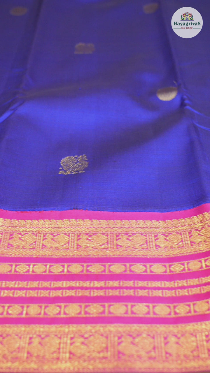 Hayagrivas Blue Handloom Kanjivaram Silk Saree with Orangish Pink Border KBD1803B2-1