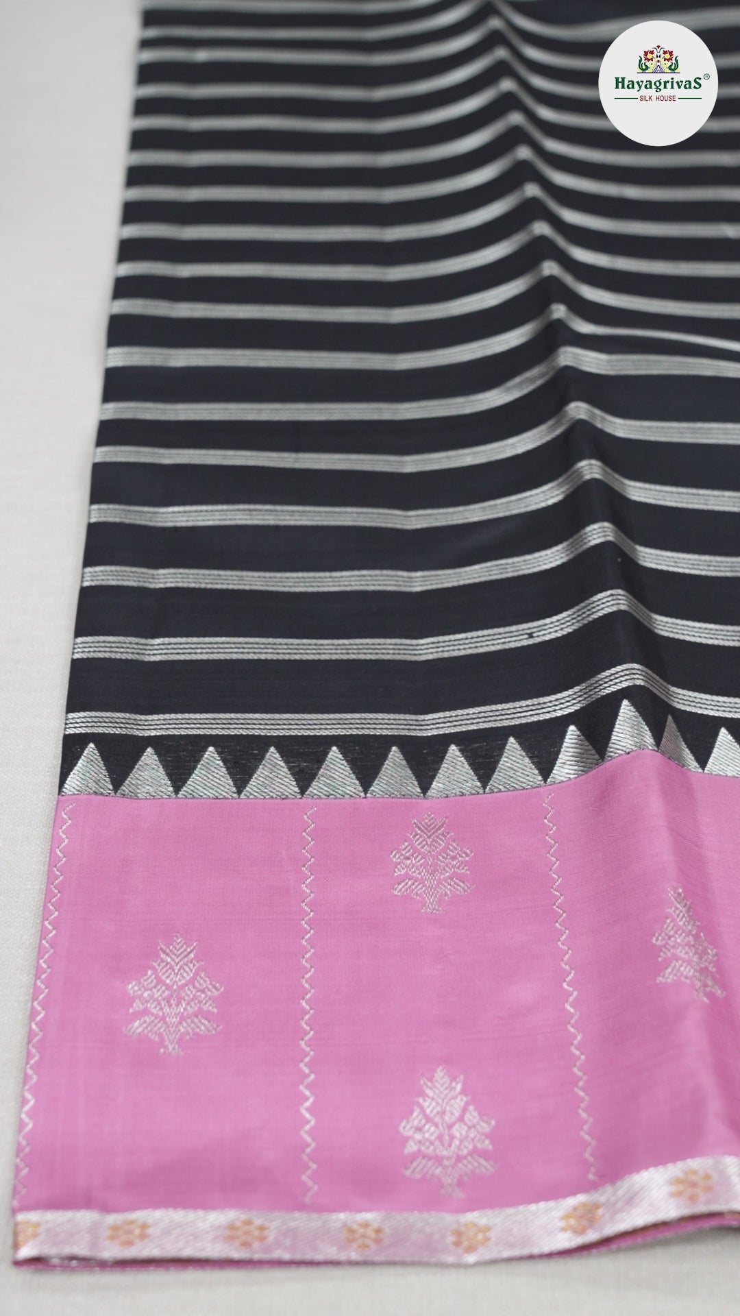 Hayagrivas Black Handloom Kanjivaram Silk Saree with Rose Pink Border BBD1456L18-1