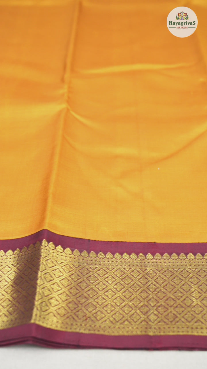 Hayagrivas Traditional Mustard Handloom Kanjivaram Silk Saree with Dark Maroon Border KBD1655A1-1
