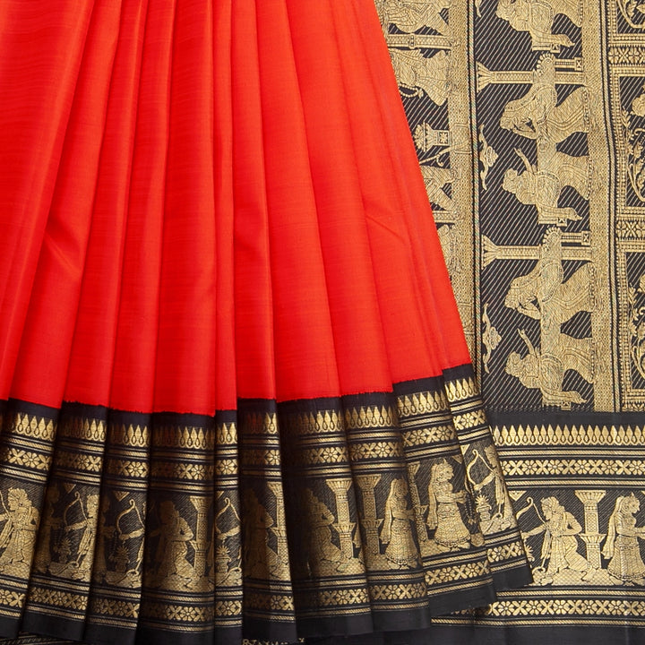 Hayagrivas Handloom Red Kanjivaram Silk Saree with Black Border KBF230E14-1