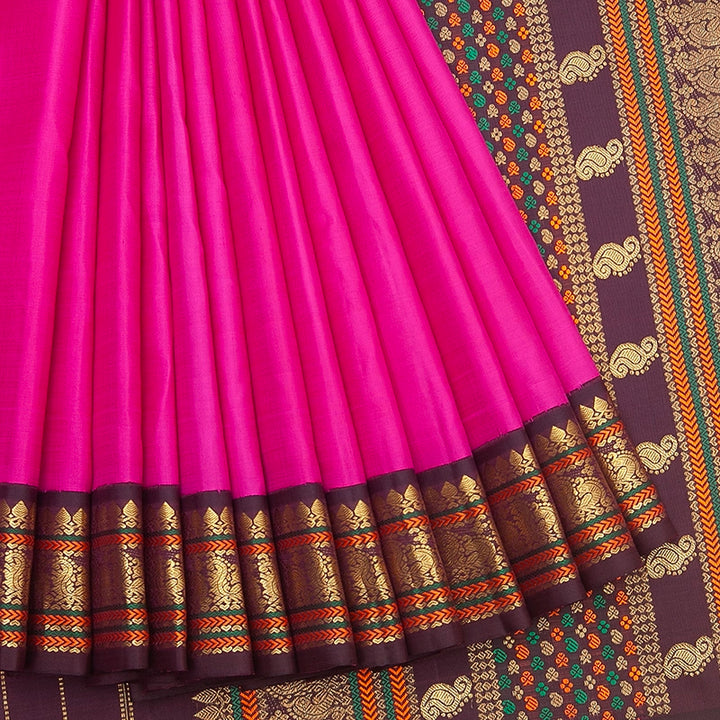 Hayagrivas Handloom Rani Pink Kanjivaram Silk Saree with Plum Purple Border KBF357F2-1