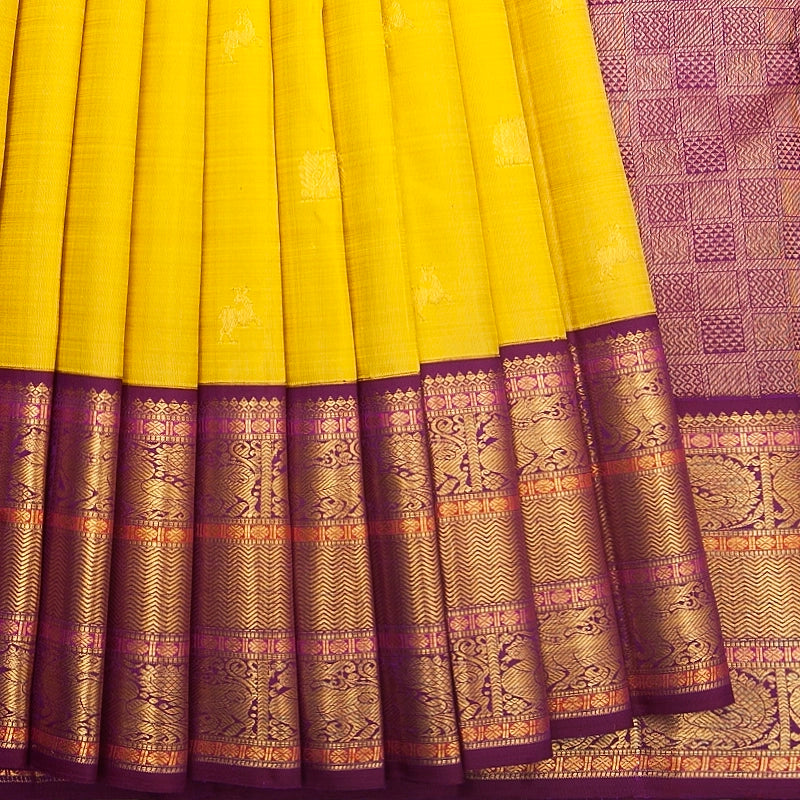 Hayagrivas Handloom Sampanga Yellow Kanjivaram Silk Saree with Purple Border KBF392F1-1